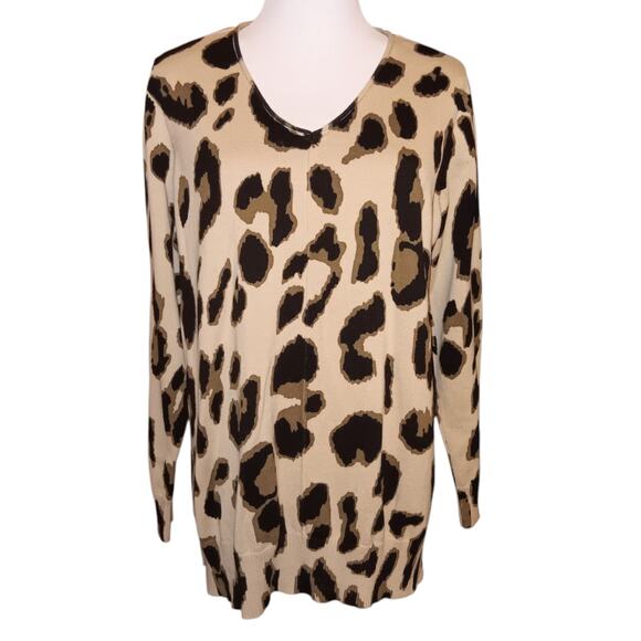 BELLE KIM GRAVEL Sweater Top M Animal Print Cheetah Leopard V-Neck Office Career - Picture 1 of 7